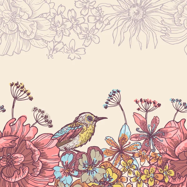 Ruban horizontal sans couture fleurs et oiseaux de jardin — Image vectorielle