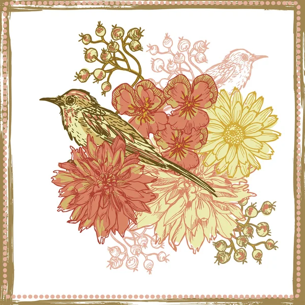 鳥と手描き下ろしヴィンテージ植物テーマ カード — ストックベクタ