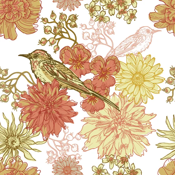 Handgezeichnete Vintage-botanische nahtlose Muster mit Vogel — Stockvektor