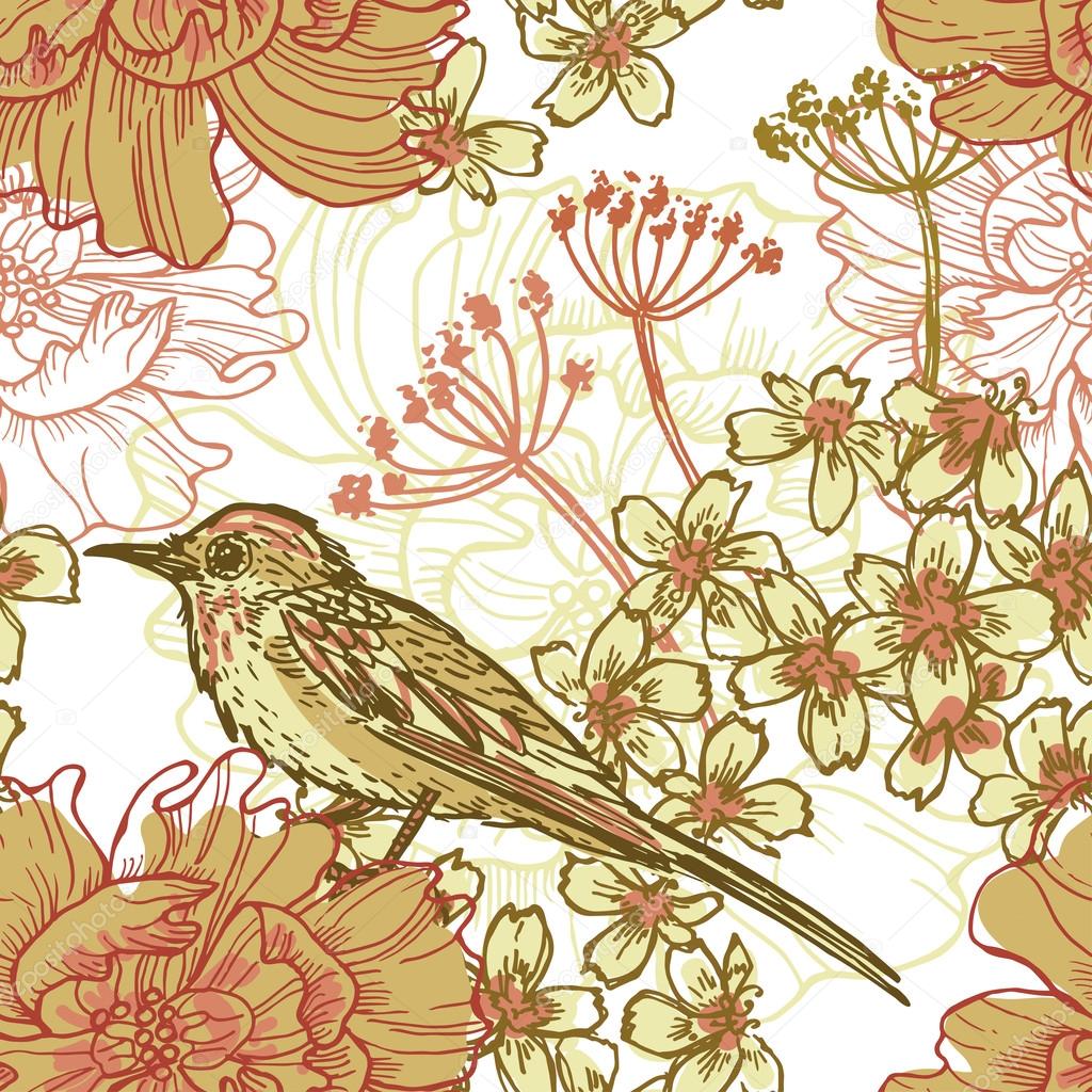 Hand drawn retro botanical  seamless pattern with bird
