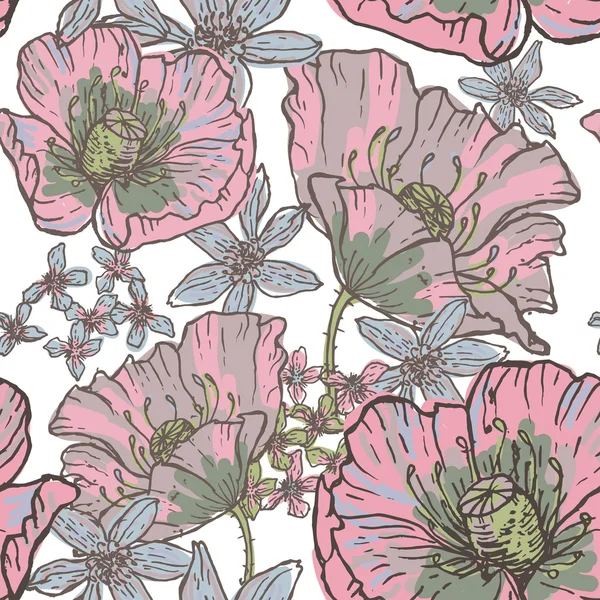 Fleurs de pavot dessinées à la main motif sans couture — Image vectorielle