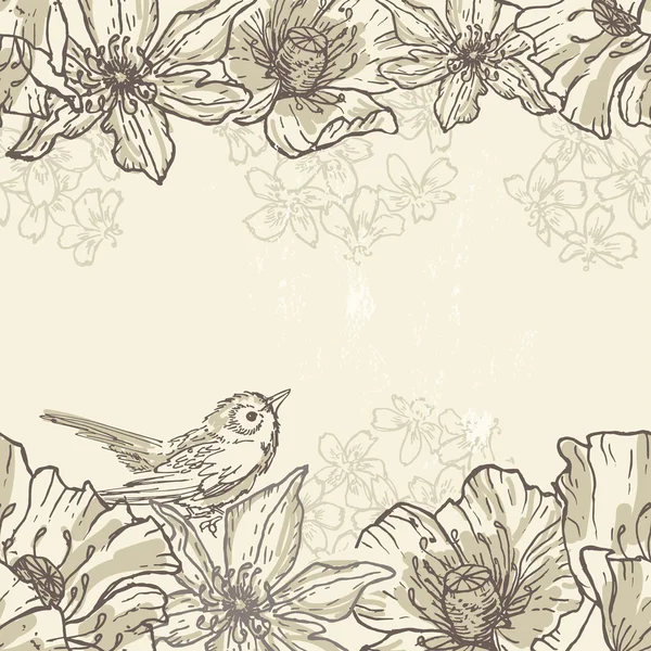 手绘制植物主题水平无缝边框与鸟 — 图库矢量图片