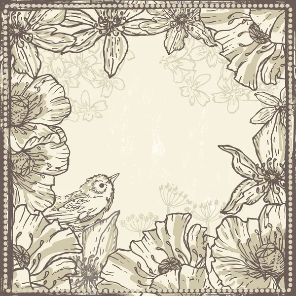 手画复古植物框架与鸟 — 图库矢量图片