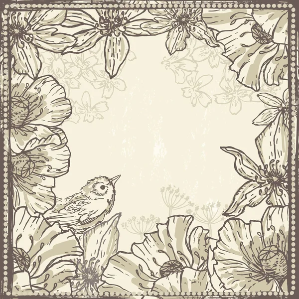 Hand getrokken vintage botanische frame met vogel — Stockvector