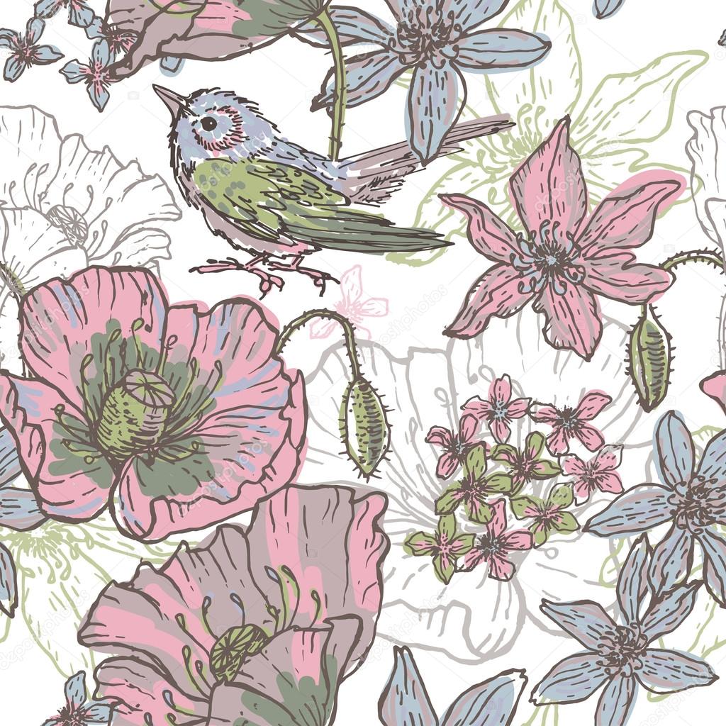 Hand Drawn Botanical Theme Seamless Pattern With Bird