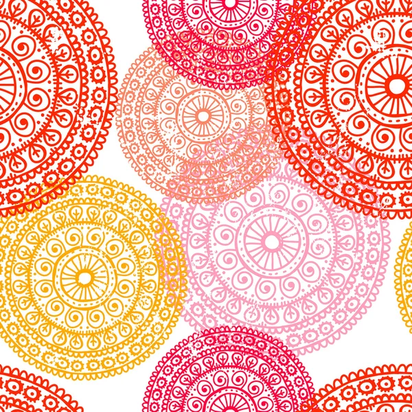 Patrón sin costuras mandalas de encaje dibujado a mano en tonos rojos — Vector de stock