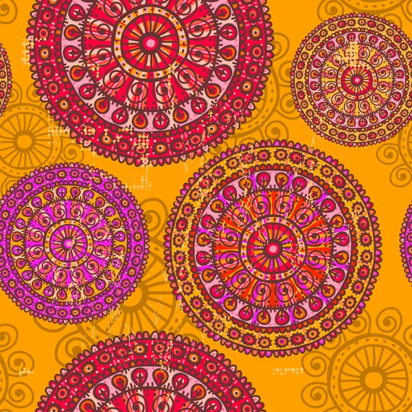 手画的花边曼荼罗无缝图案中的红色和橙色 — 图库矢量图片