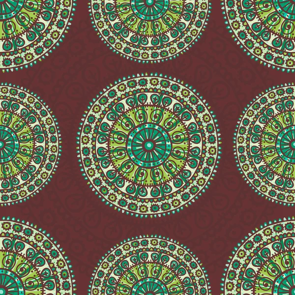 在绿色的色调手绘制的曼荼罗无缝模式 — 图库矢量图片