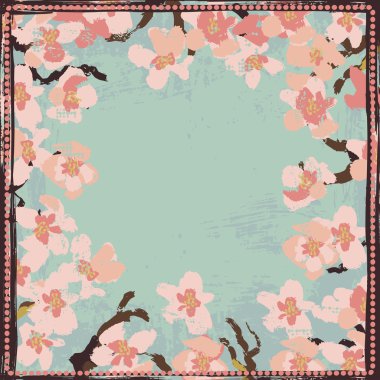 Dokulu çiçek açan sakura çerçeve el boyalı
