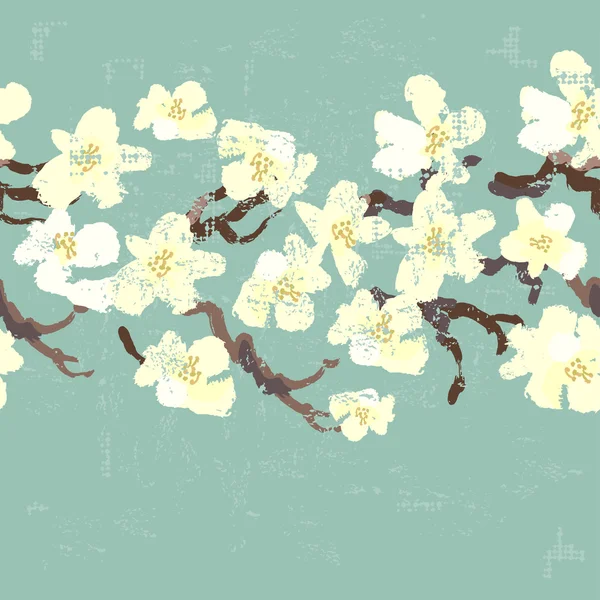 Peint à la main texturé fleur sakura blanc bordure sans couture — Image vectorielle