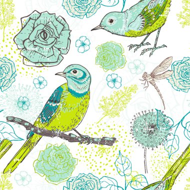 El vintage çiçek seamless modeli kuşlar ile motton içinde çekilmiş.