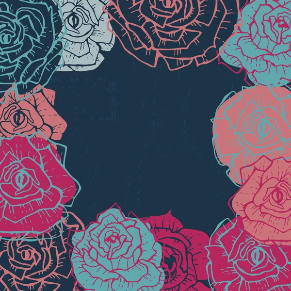 深蓝色的手绘制破旧的老式玫瑰框架 — 图库矢量图片