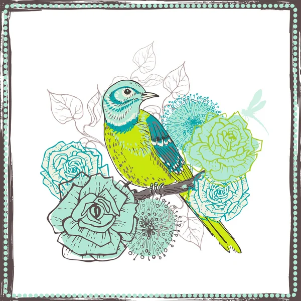 手描き鳥とヴィンテージの花飾り — ストックベクタ