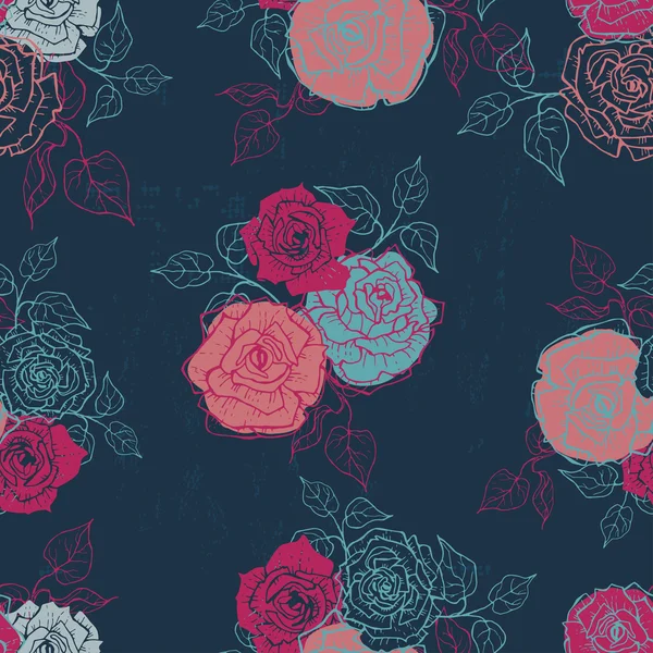 Mão desenhado shabby rosas vintage sem costura padrão em azul escuro — Vetor de Stock