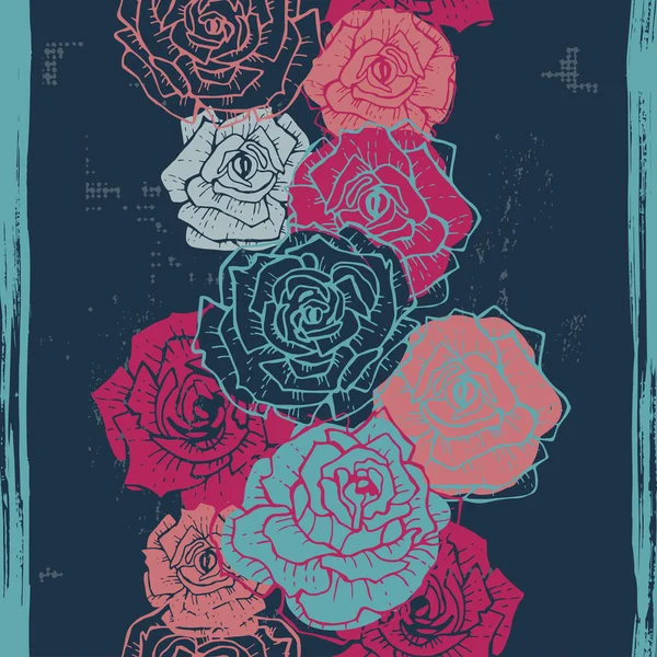 Rosas vintage dibujadas a mano borde sin costuras en azul oscuro — Vector de stock