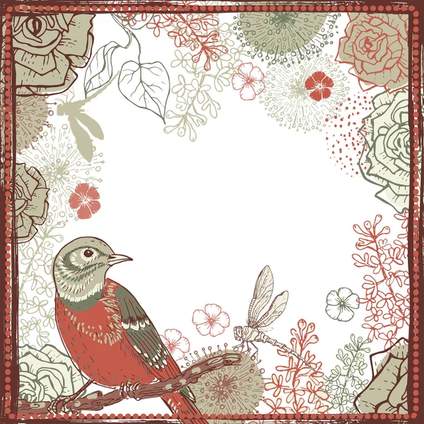 Hand drawn  shabby vintage  frame with bird — Stock Vector