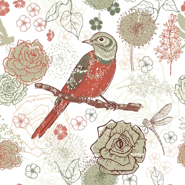 Hand drawn vintage floral seamless pattern with bird — Stock Vector