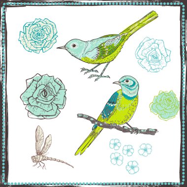 Vintage çiçekler ve kuşlar 