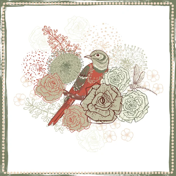 鳥とレトロな花飾り — ストックベクタ