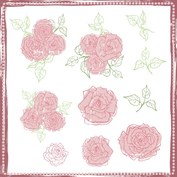 Conjunto de rosas tiernas vintage dibujadas a mano — Vector de stock