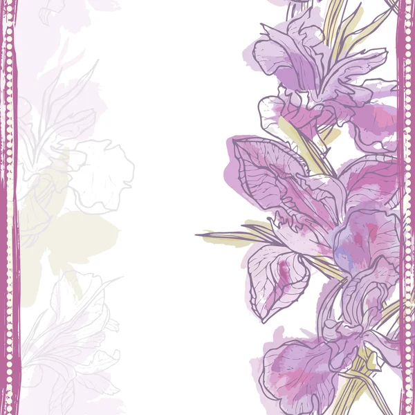 Hand made watercolor iris flowers vertical seamless border — Stock Vector