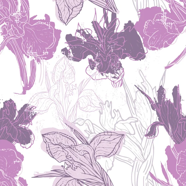 Handgefertigte Aquarell Irisblumen Silhouetten und Konturen se — Stockvektor