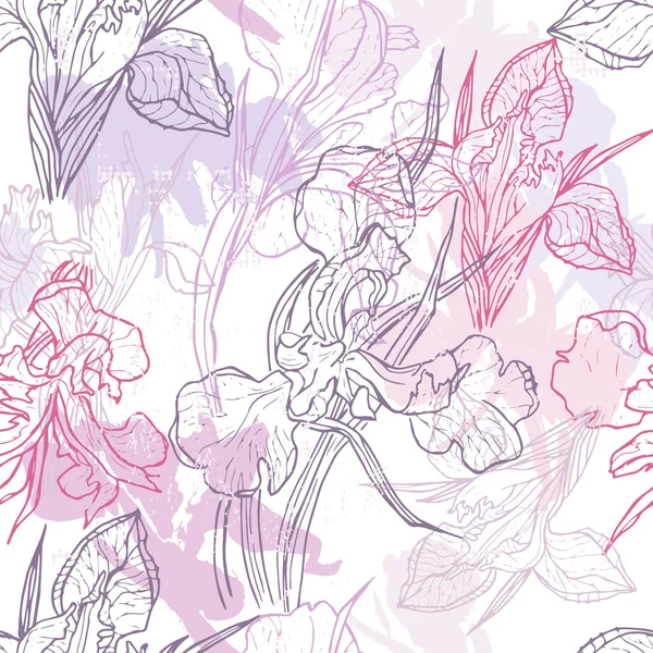 Encaje hecho a mano flores iris patrón sin costuras — Vector de stock