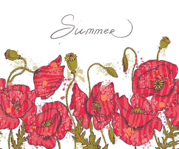 手描きの赤いケシの花ボーダー — ストックベクタ