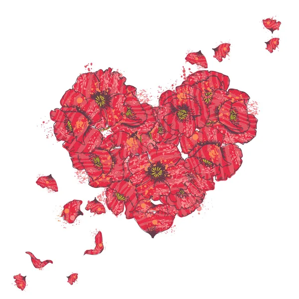 Red Poppy bloemen hart — Stockvector