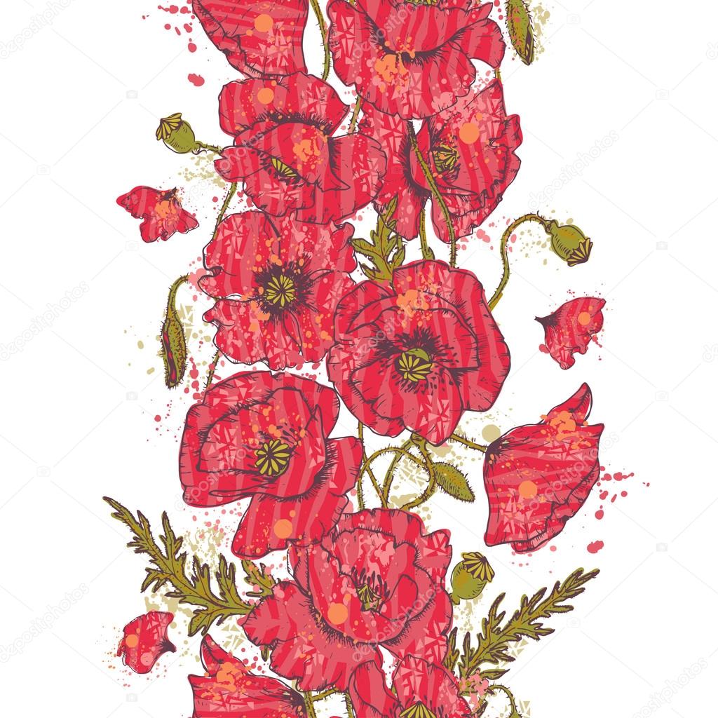 Hand drawn Red poppy flowers seamless border