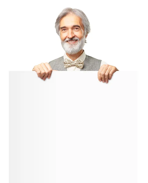 Senior man holding banner — Stock Photo, Image