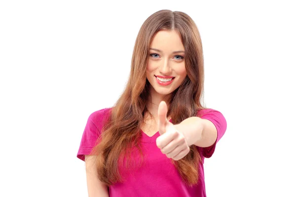 Mujer mostrando su pulgar hacia arriba — Foto de Stock