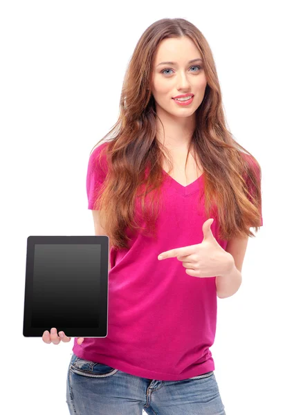 Mujer señalando su tableta digital — Foto de Stock