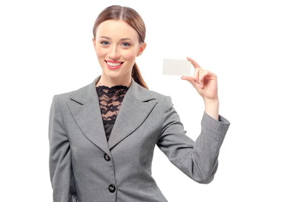 Mujer sosteniendo papel en blanco — Foto de Stock