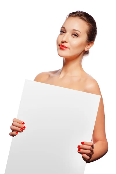 Mujer sosteniendo una tabla vacía — Foto de Stock