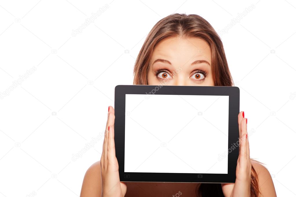 woman looking out of the tablet computer