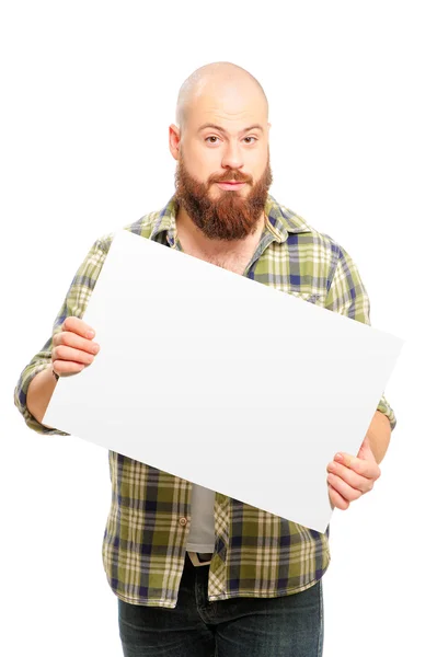 Bearded man holding blank — Stock Photo, Image