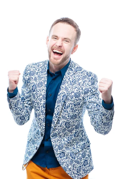 Happy young bearded man celebrating — Stok fotoğraf