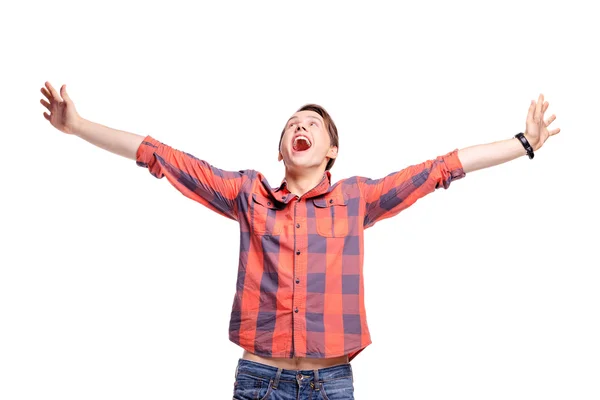 Excited handsome man with hands up — Stock Photo, Image