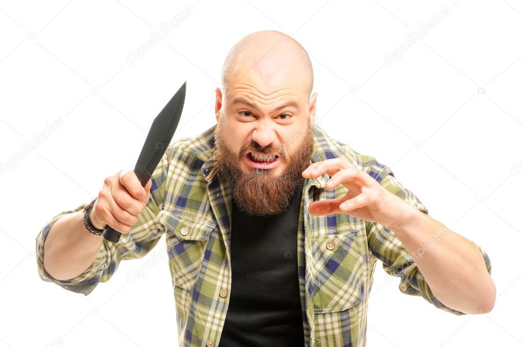 Bearded man attacking with knife