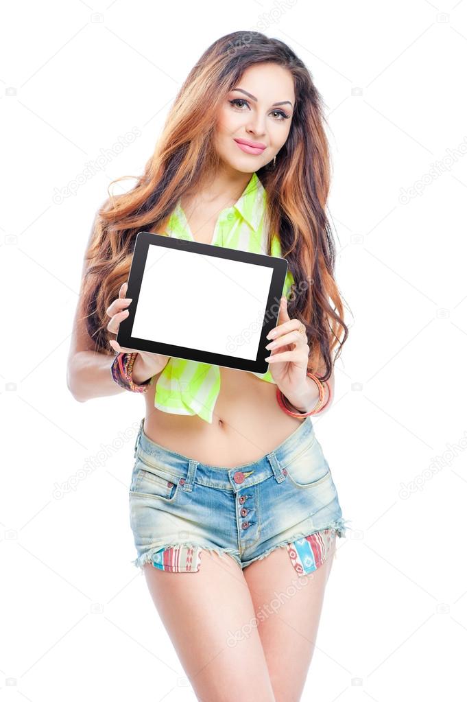 Woman showing screen of tablet