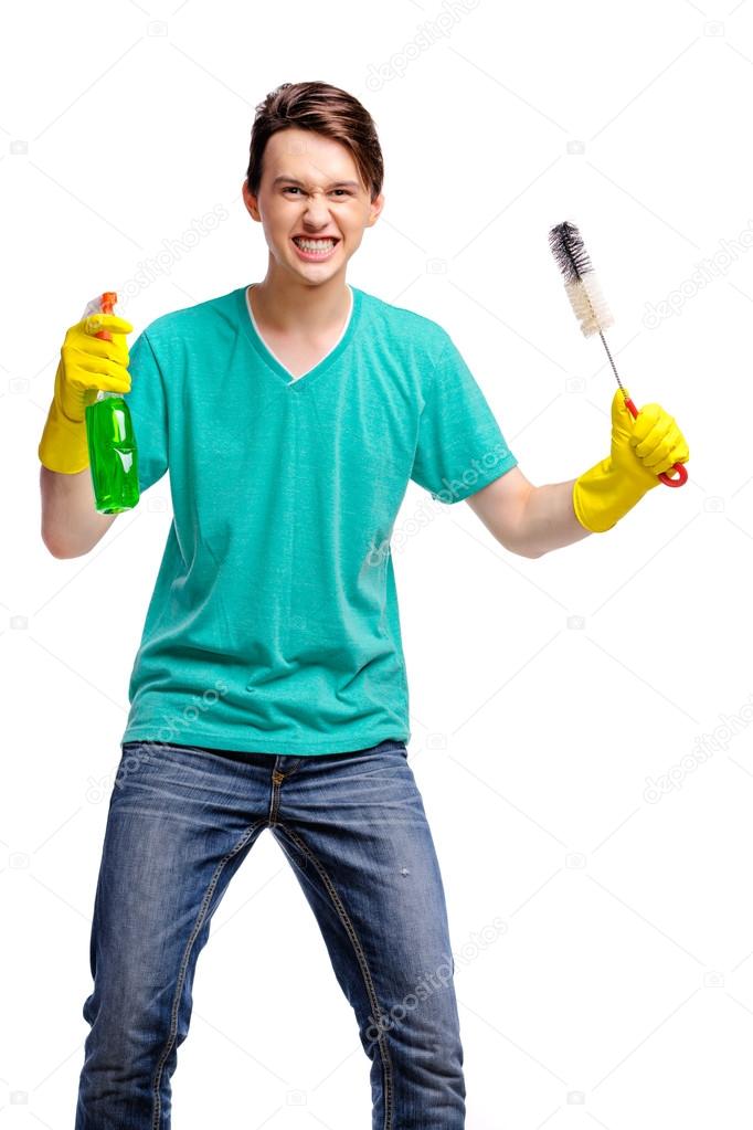 Man holding cleaning brush
