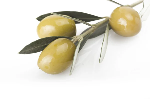Olives vertes et branches d'olivier — Photo