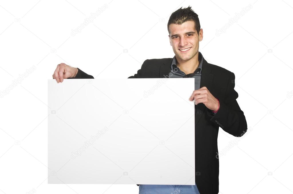 Businessman hold with white board