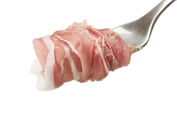 Sliced ham on a iron fork — Stock Photo, Image