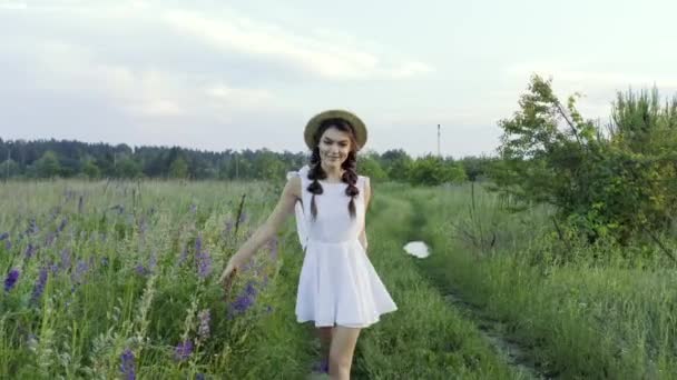 Молодая Красивая Девушка Платье Шляпе Прогулки Полю Люпинами Закате — стоковое видео