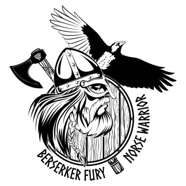 İskandinav Savaşçı Berserker. Viking kafası, kalkan, savaş baltası ve Kara Karga