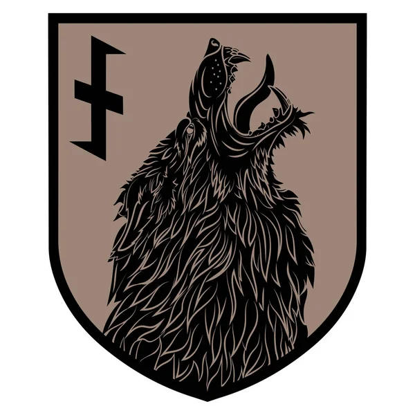 Parche de diseño. Escudo heráldico con un hombre lobo y runa Wolfsangel — Vector de stock