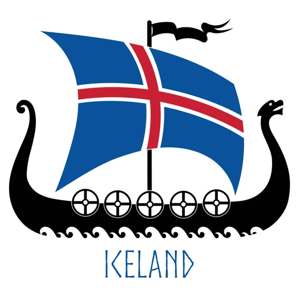Buque de guerra de los vikingos - Drakkar y bandera de Islandia — Archivo Imágenes Vectoriales