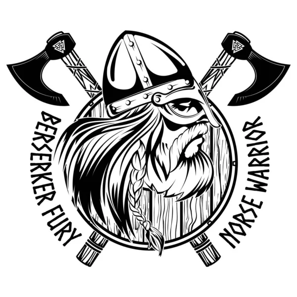 El guerrero nórdico Berserker. Cabeza vikinga, escudo y dos hachas cruzadas — Vector de stock